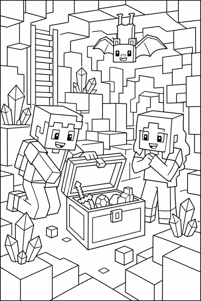 Two children discovering a treasure chest inside a blocky cave.