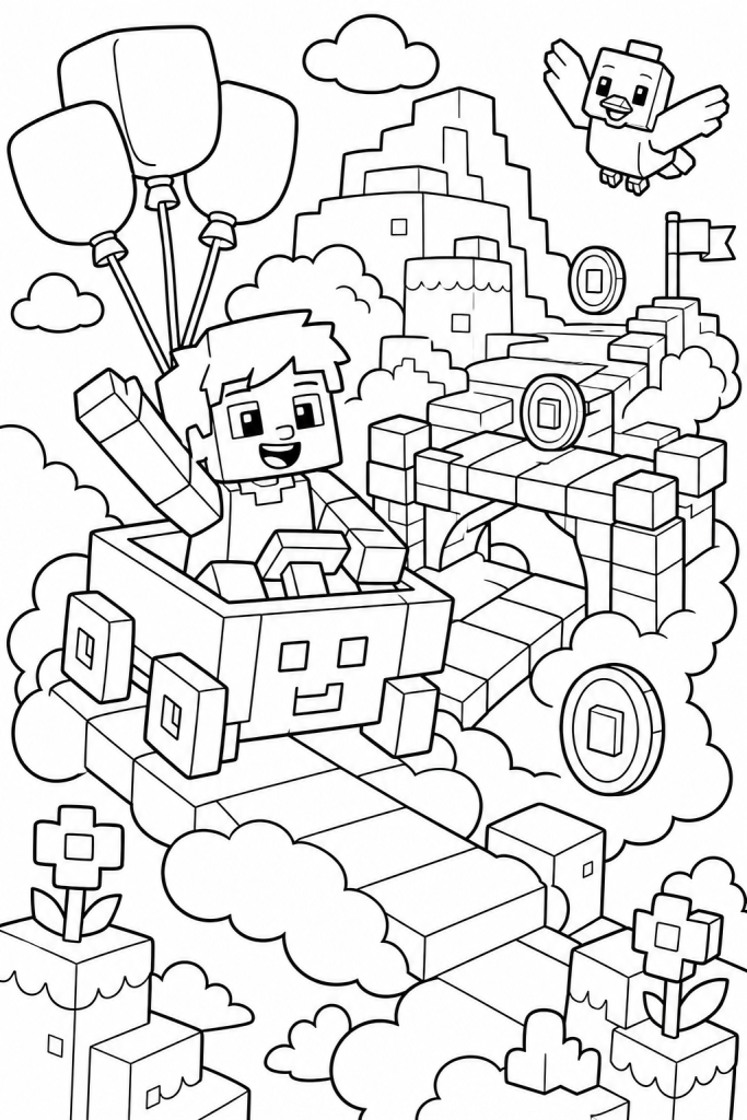 A child rides a blocky cart along a playful adventure path.
