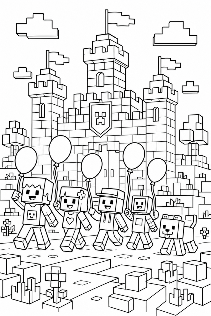 A blocky castle with smiling characters and balloons in front.