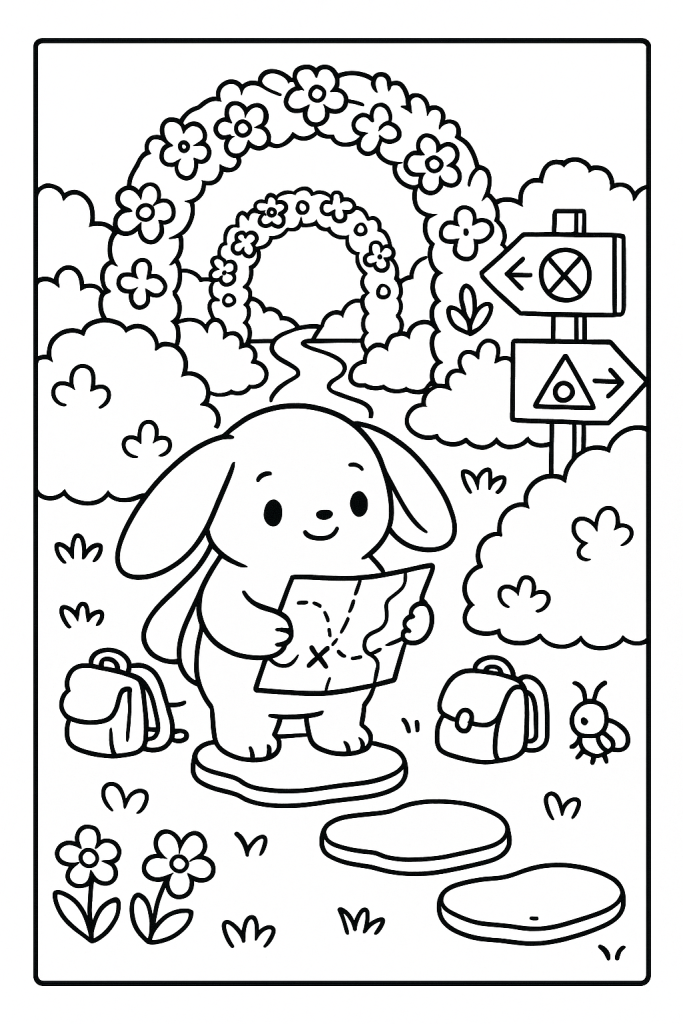 A floppy-eared original creature follows a map along a magical garden path with a lantern bug friend.