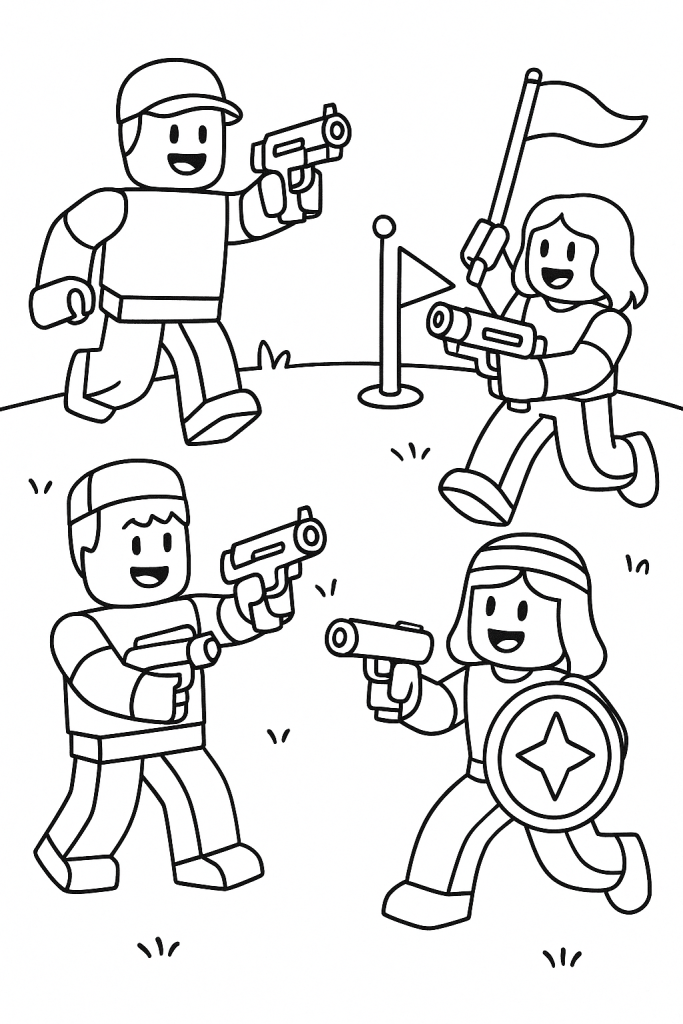 A team of smiling blocky characters plays a friendly arena game with foam blasters and magic shields.