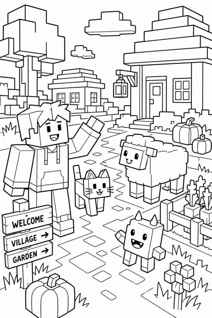 A blocky village path with a hero, cute creatures, and small houses.