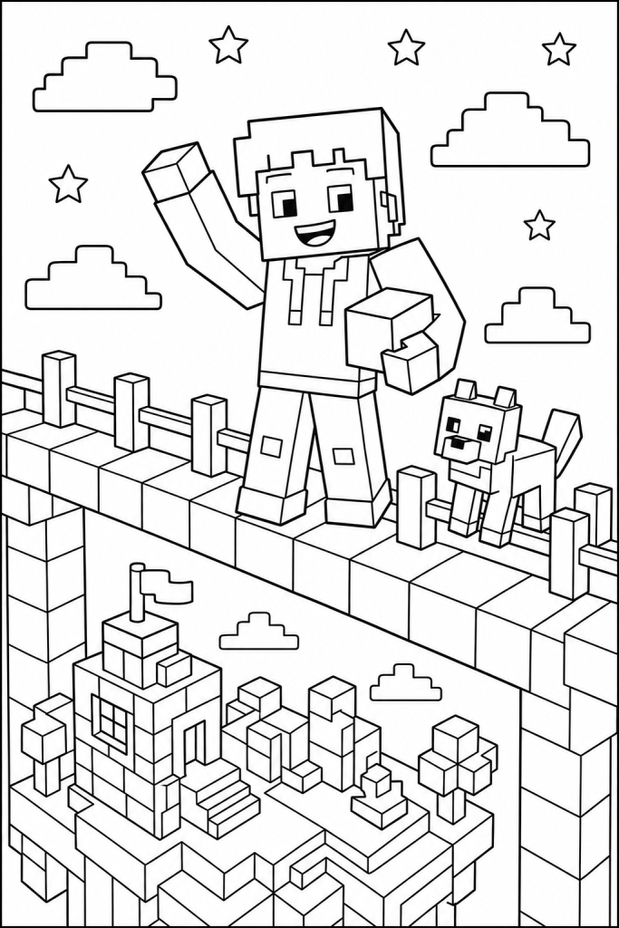 A builder waves from a sky bridge above a blocky base.