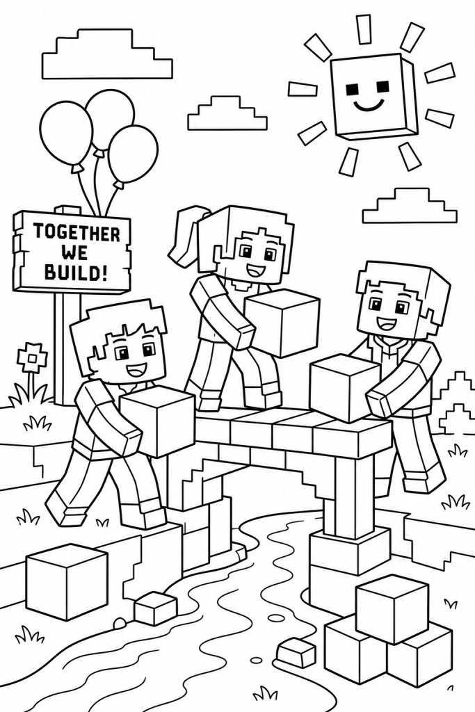 Three children working together to build a bridge in a blocky world.
