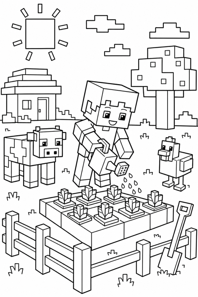 A child tends a blocky farm with square crops and friendly animals.