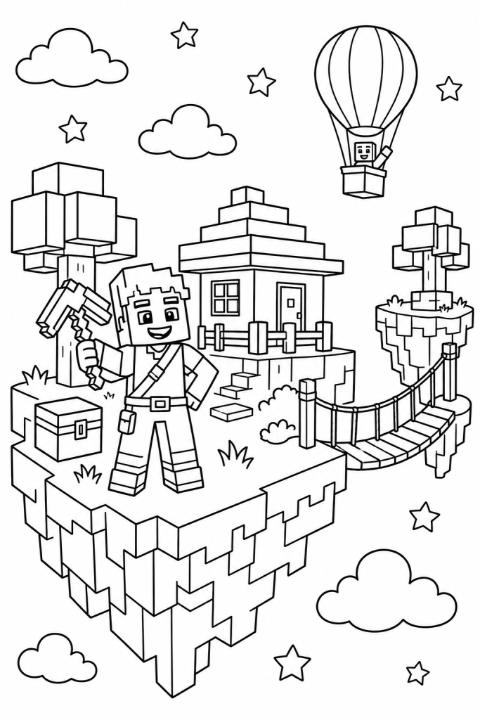 A blocky adventurer on a floating island with a small house and bridge.