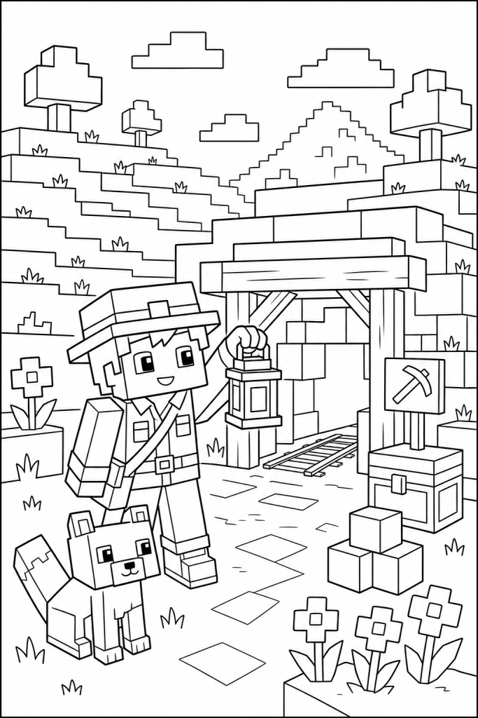 A child explorer with a lantern near a small mine entrance and a friendly animal.