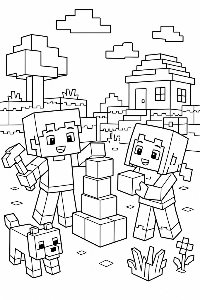 Two kid builders stacking block towers in a blocky adventure scene.