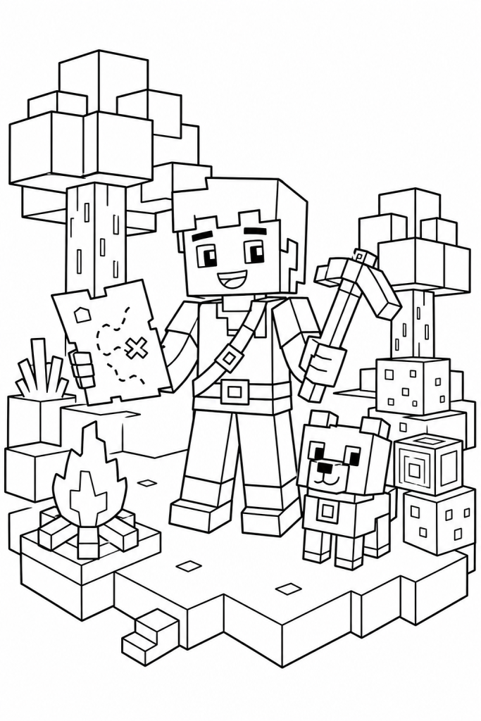 A child explorer and a small companion in a blocky island clearing with blocks and a map.