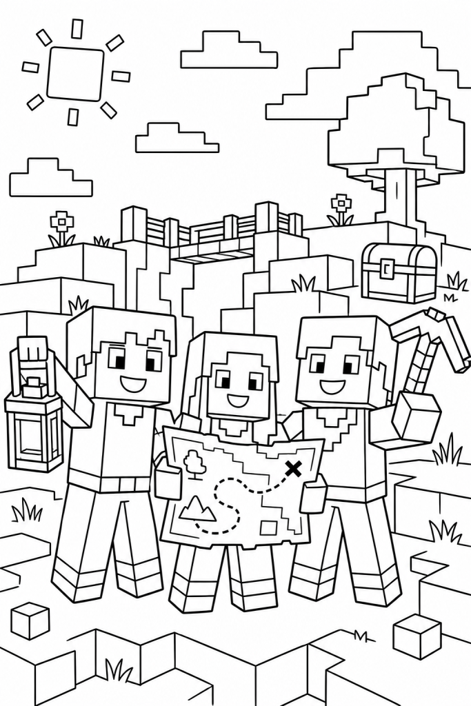 A group of blocky friends on a friendly quest with a map and tools.