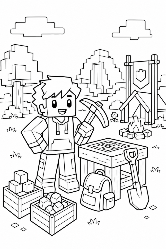 A smiling blocky adventurer with crafting tools in a cozy camp.