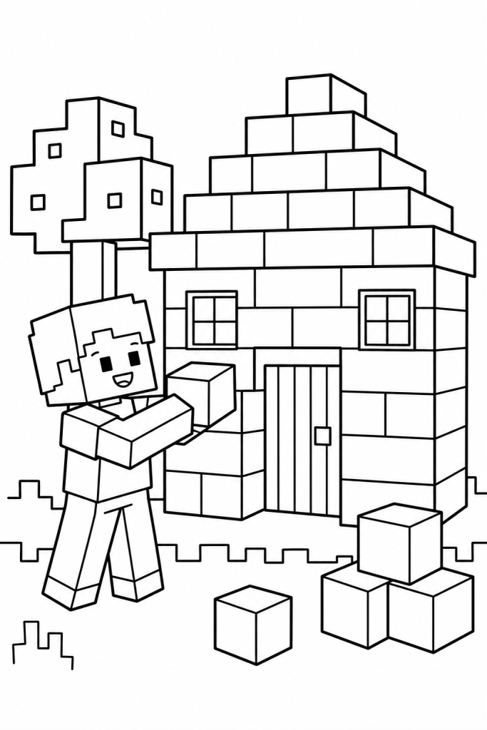 A child builder making a small blocky house with blocks and a tree.