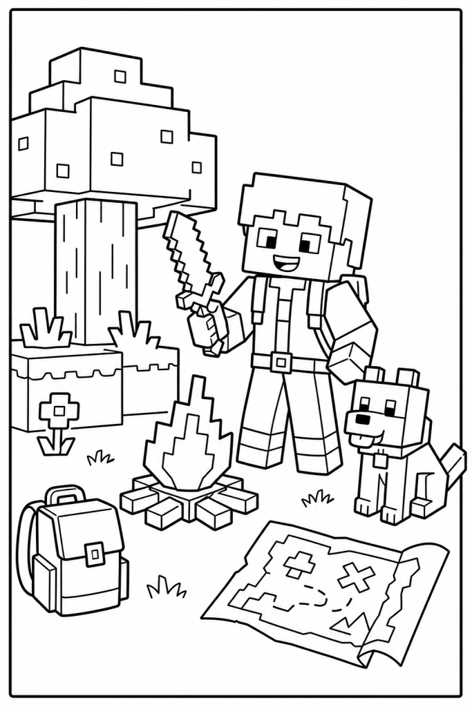 A cheerful explorer with a pet companion in a blocky forest camp.