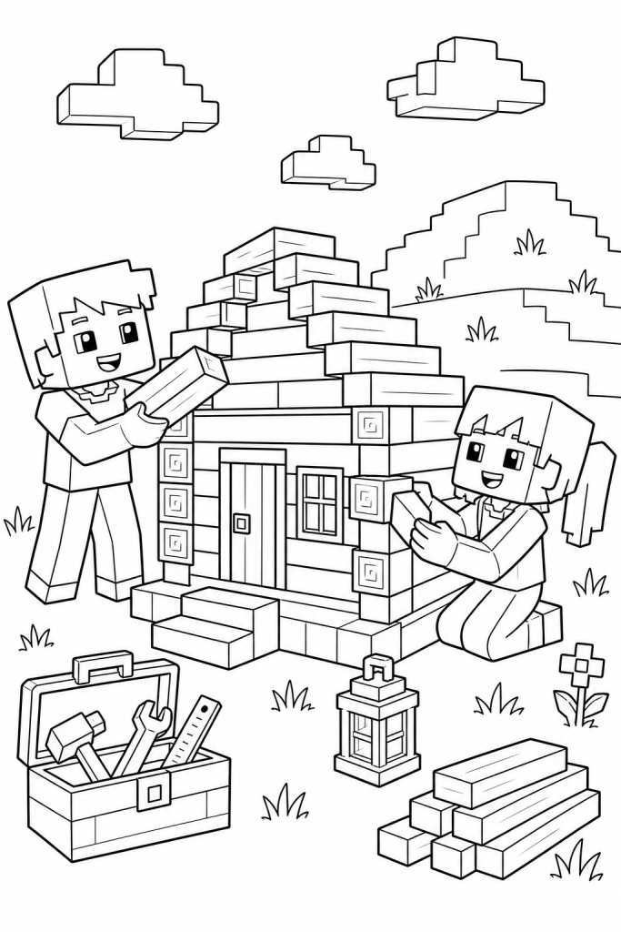 Two kids building a small blocky cabin with tools and wooden pieces.