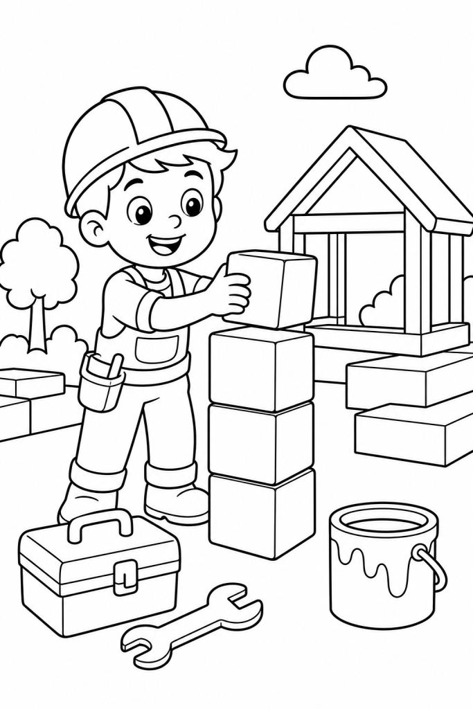 A happy builder stacking blocks next to tools and a small house frame.