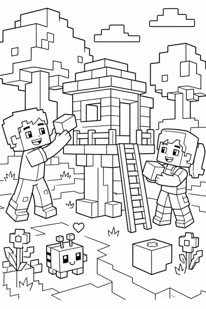 Two children building a simple treehouse in a blocky sandbox world with a tiny creature nearby.