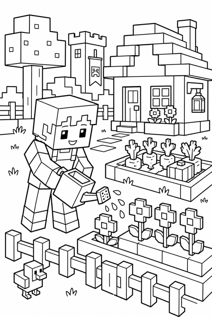 A child watering flowers in a blocky garden with a fence and vegetables.