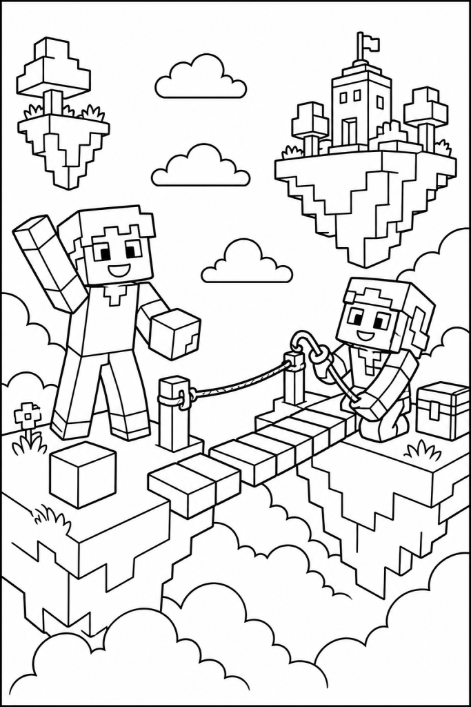 Two characters building a sky bridge between floating islands.