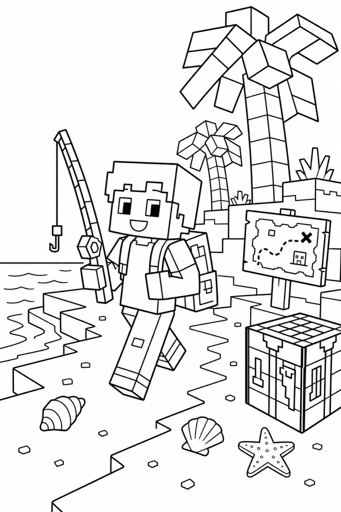 A child on a blocky beach path with a backpack, map sign, and crafting table.