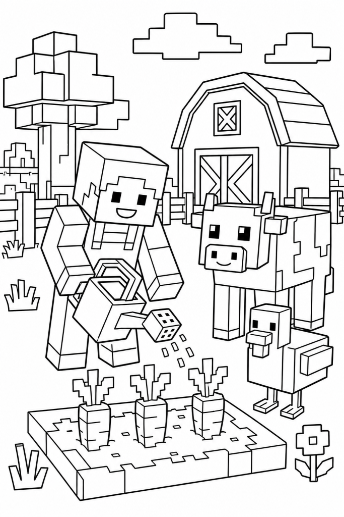 A blocky character on a friendly farm with animals, crops, and a tiny barn.