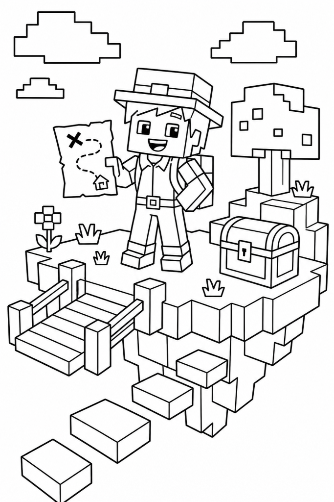 A child explorer on a floating island with clouds, a bridge, and a treasure chest.