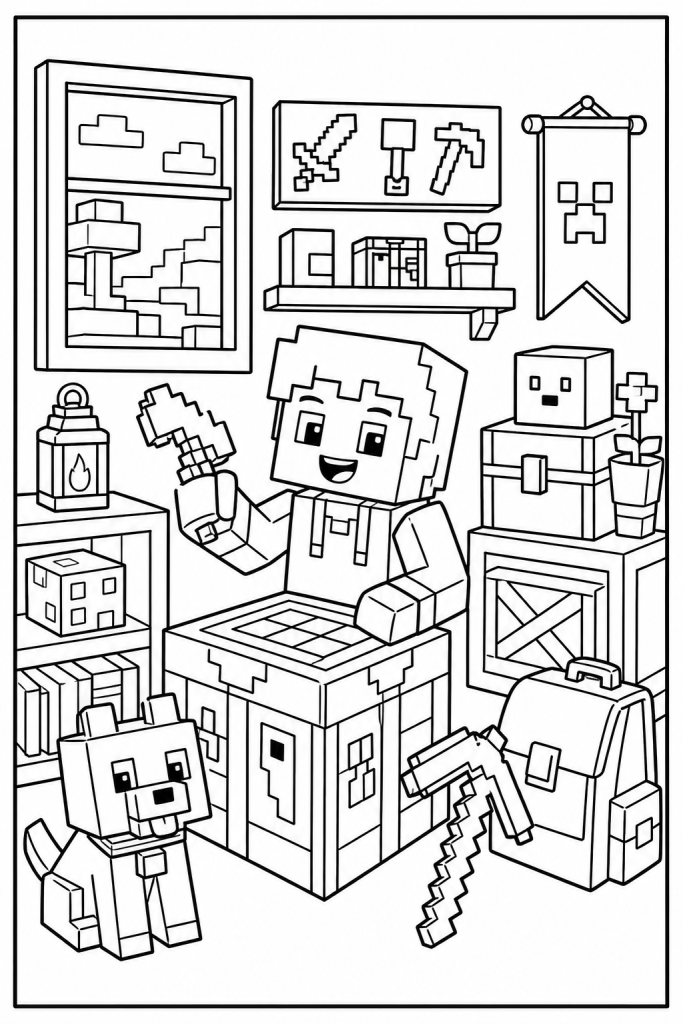 A child character and a blocky pet in a crafting workshop.