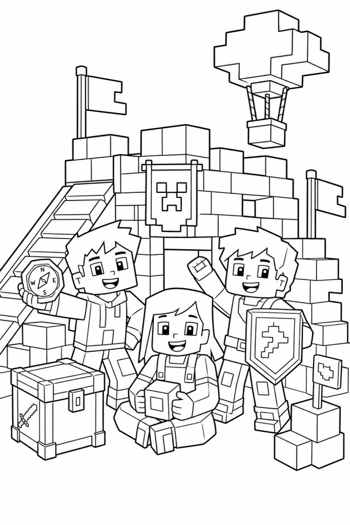 Three kids inside a blocky fort with simple toy-like gear and flags.