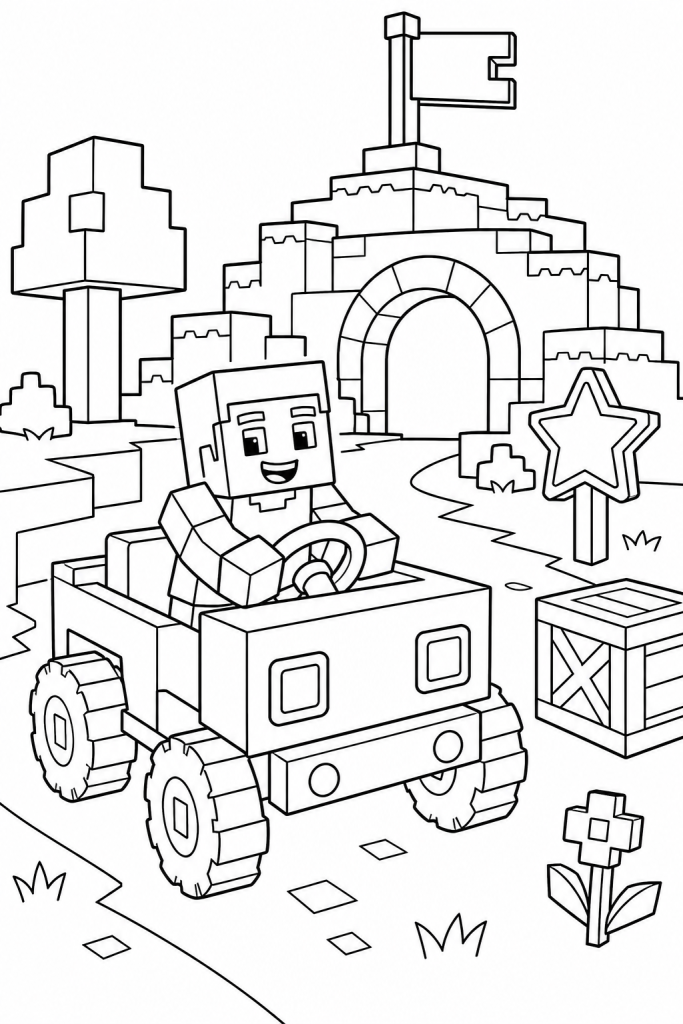 A blocky character driving a cube-shaped cart through a mini world.
