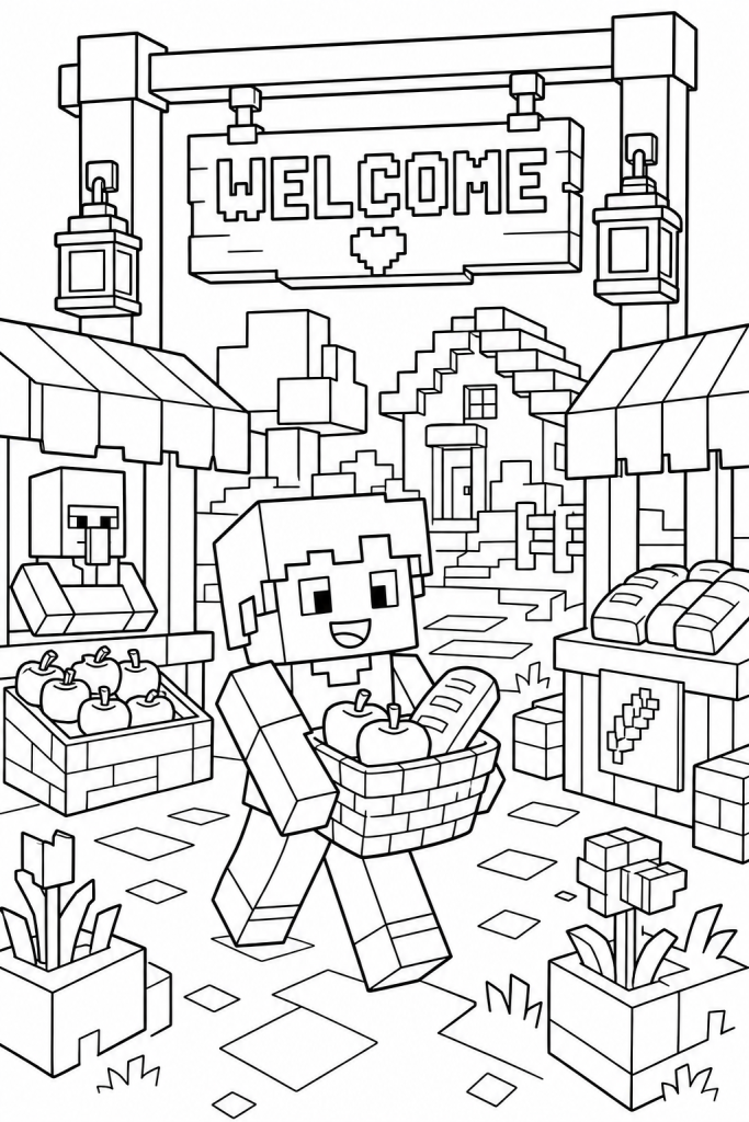 A child walking through a small blocky village market with stalls and baskets.