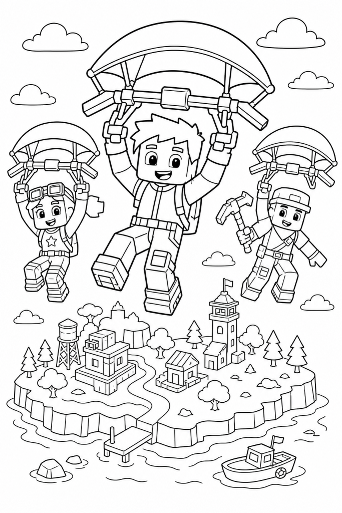 Three friendly characters landing together over a blocky island.