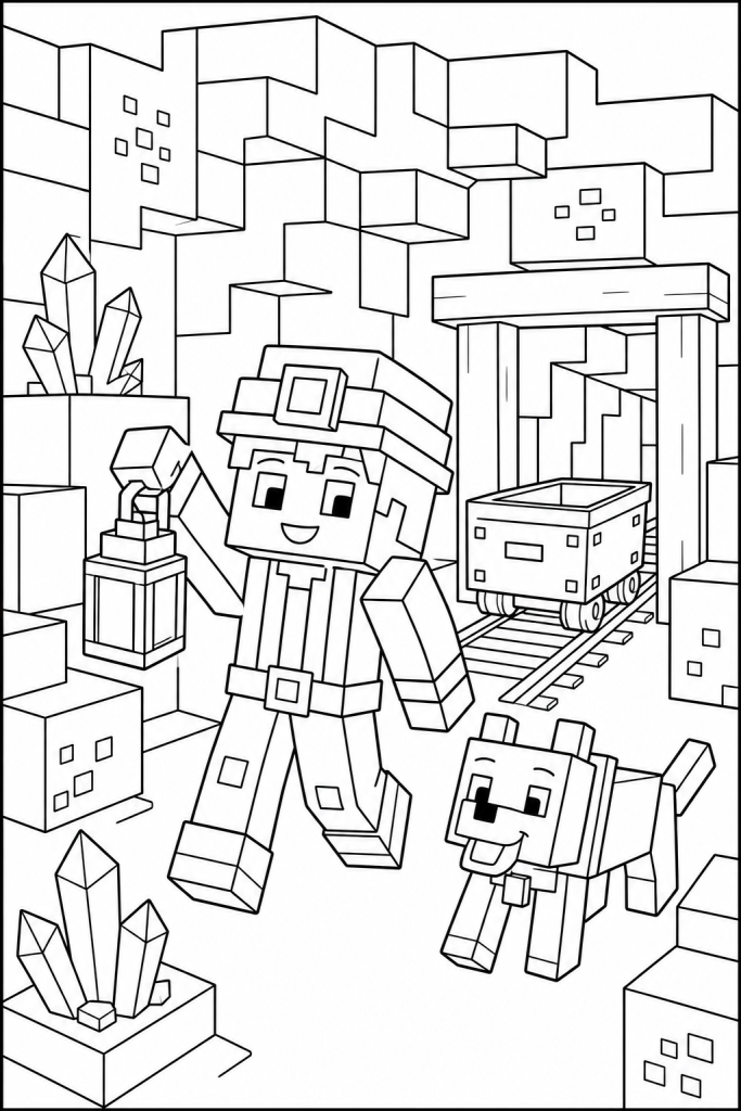 A child miner with a lantern and a small pet in a blocky cave with crystals.