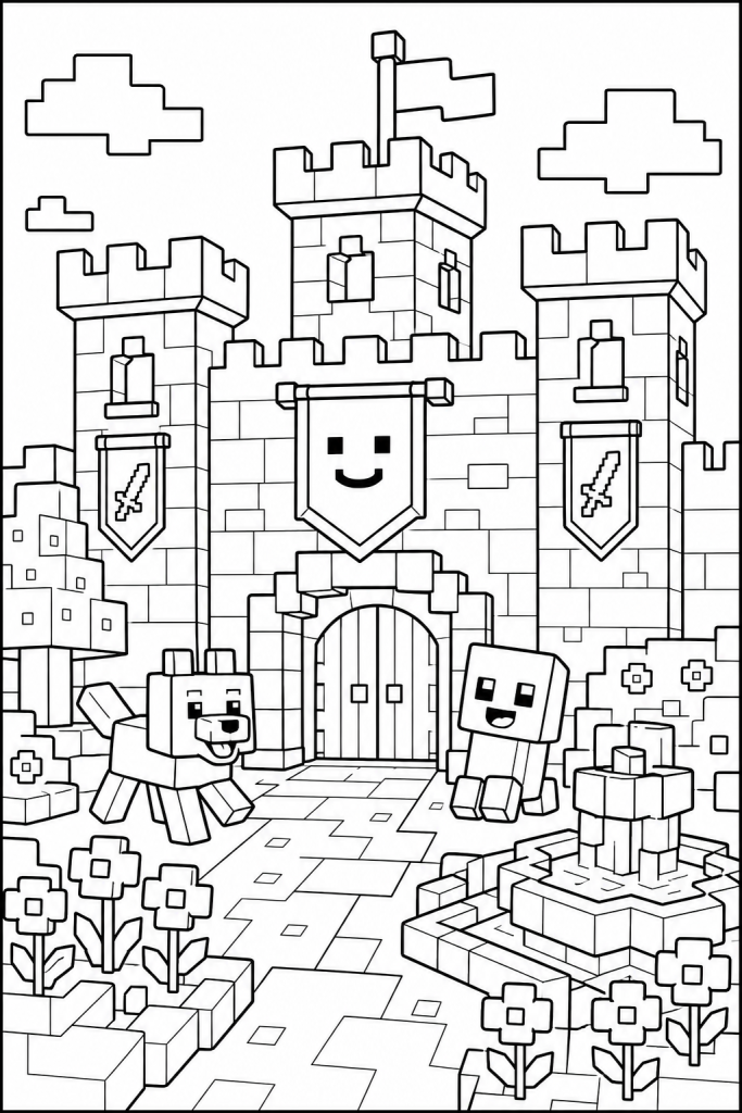 A friendly blocky castle with a garden, flowers, and playful creatures.