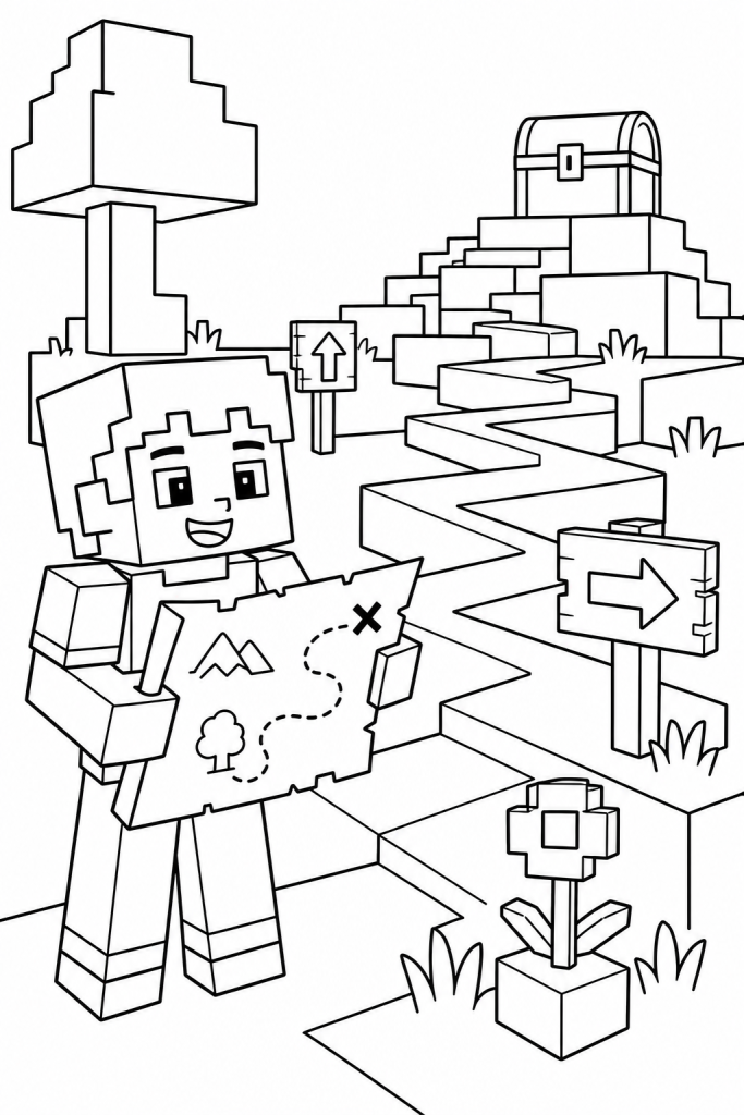 A child holding a treasure map beside a blocky path leading to a chest.