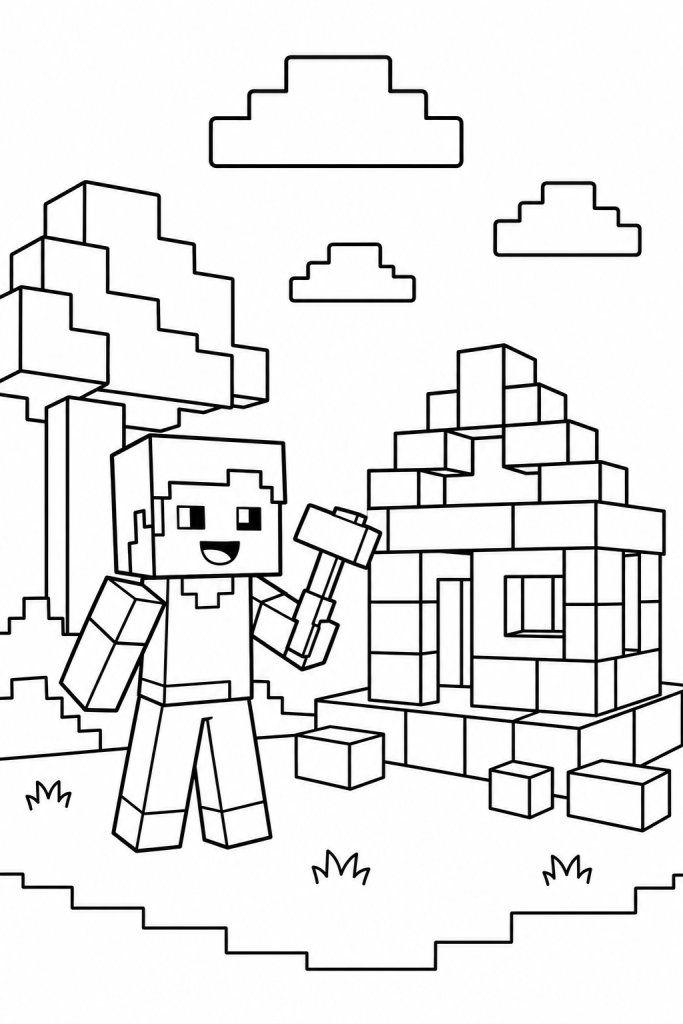 A smiling builder character standing next to a half-built blocky house.