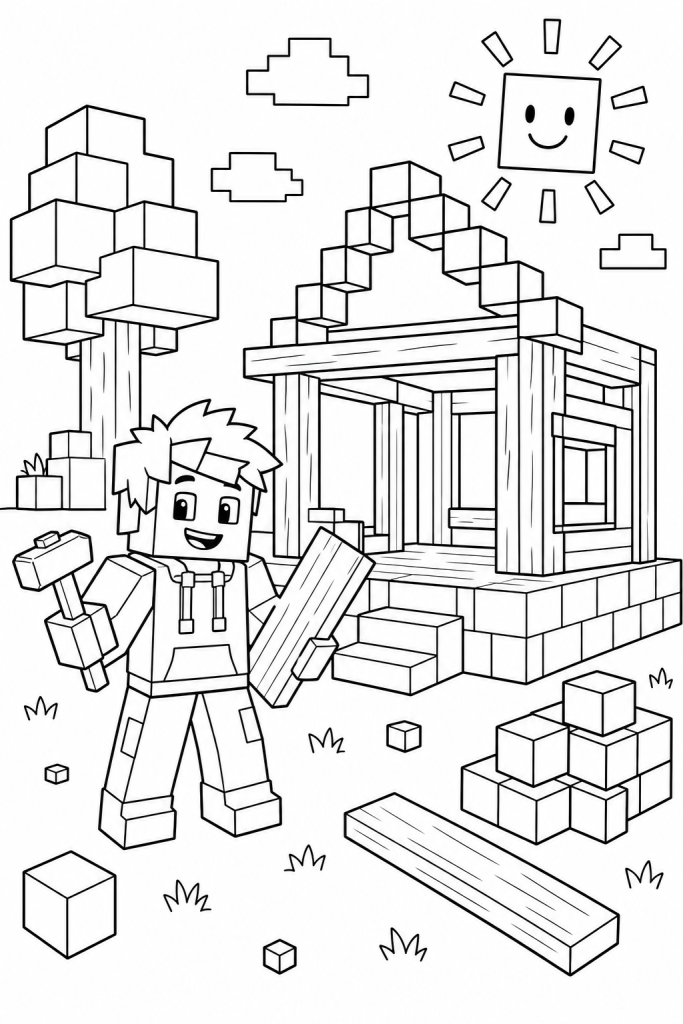 A blocky explorer building a small house with simple tools in a friendly sandbox scene.