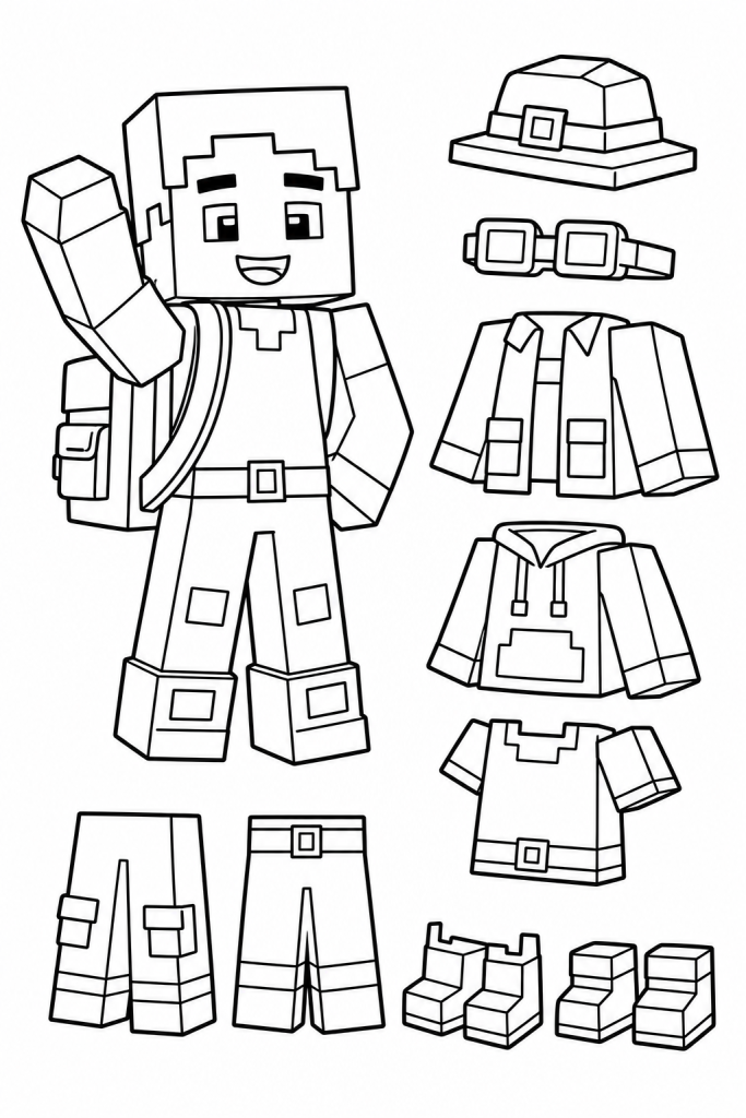 A friendly blocky explorer avatar with customizable outfit pieces.