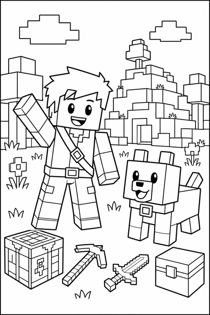 A child explorer with a friendly blocky creature in a simple adventure scene.