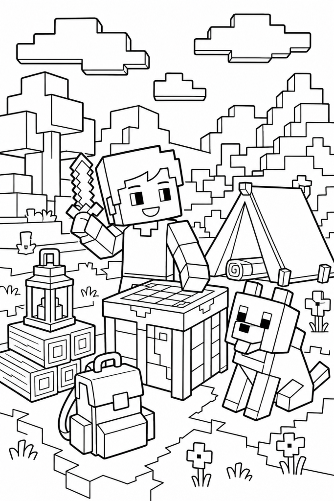 A kid crafter beside a campsite with a pet companion.