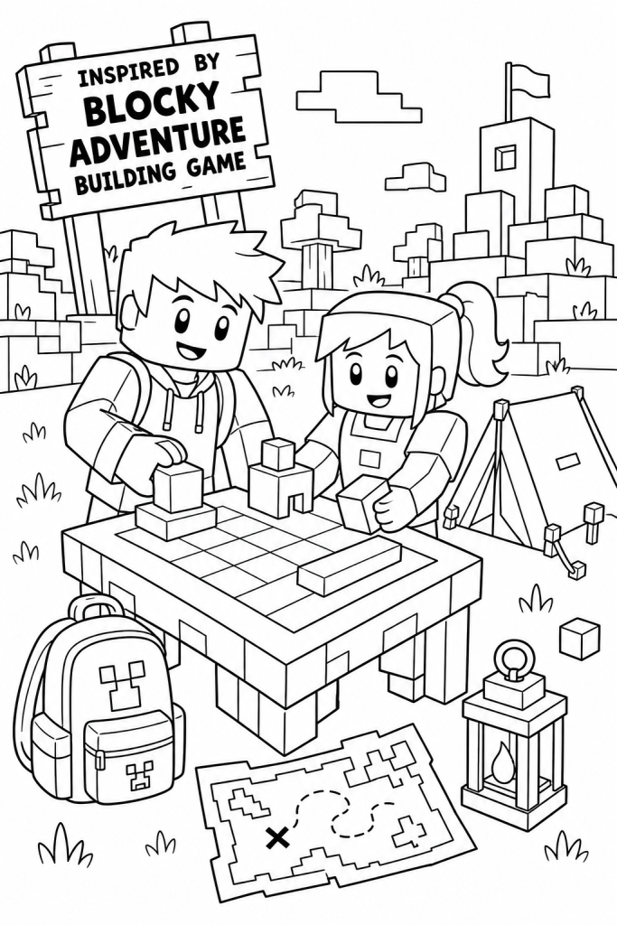Two kids crafting at a camp with blocks, a map, and a tent.
