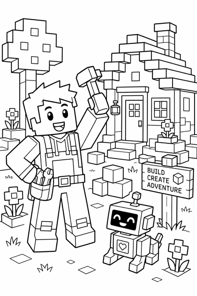 A happy builder with a friendly robot pet beside a blocky village house.