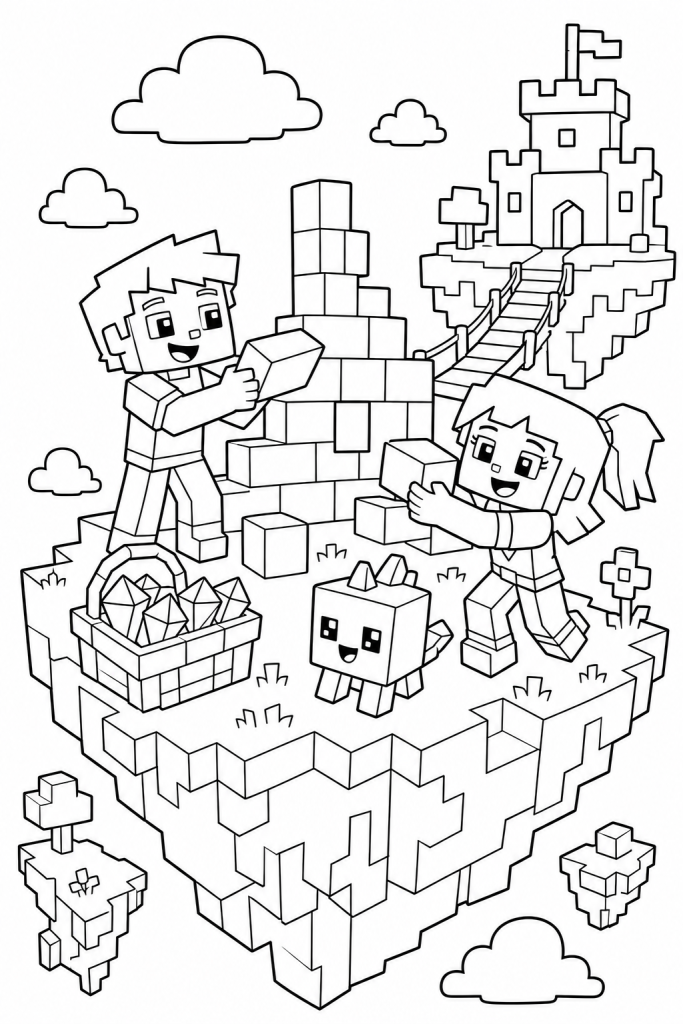 Two kids building on a floating sky island with gems and a cute creature.