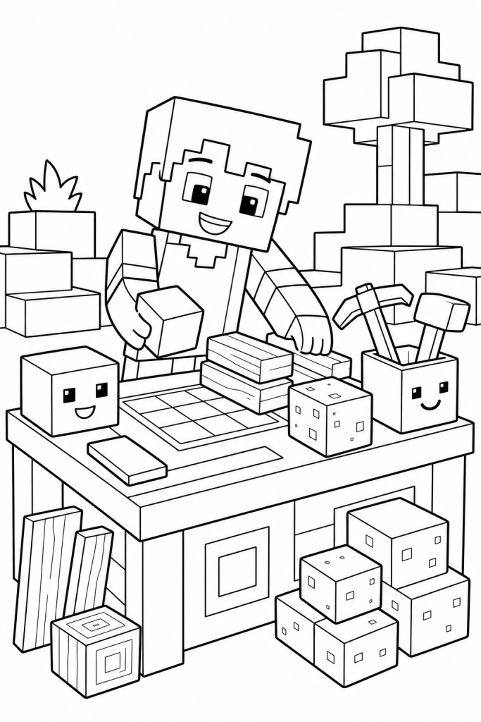 A child arranging blocks and tools at a crafting table.