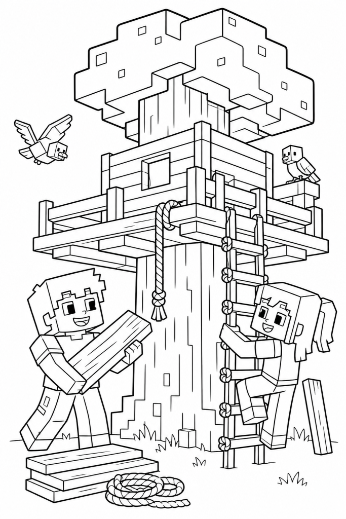 Two kids building a treehouse on a big square tree.