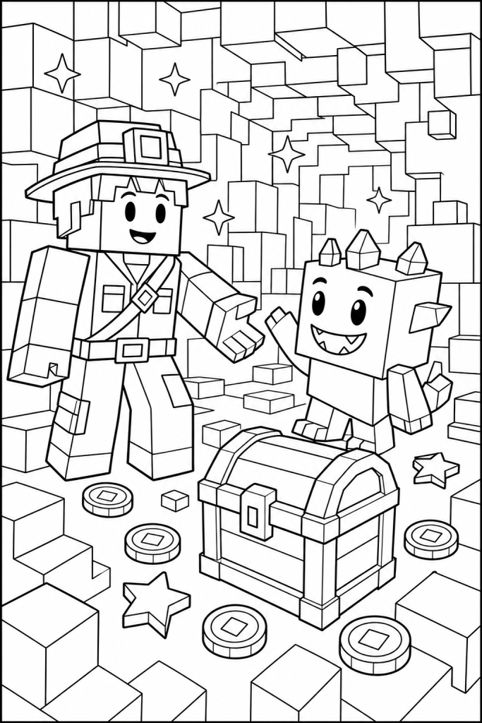 A friendly explorer meets a cute blocky monster near a treasure chest.