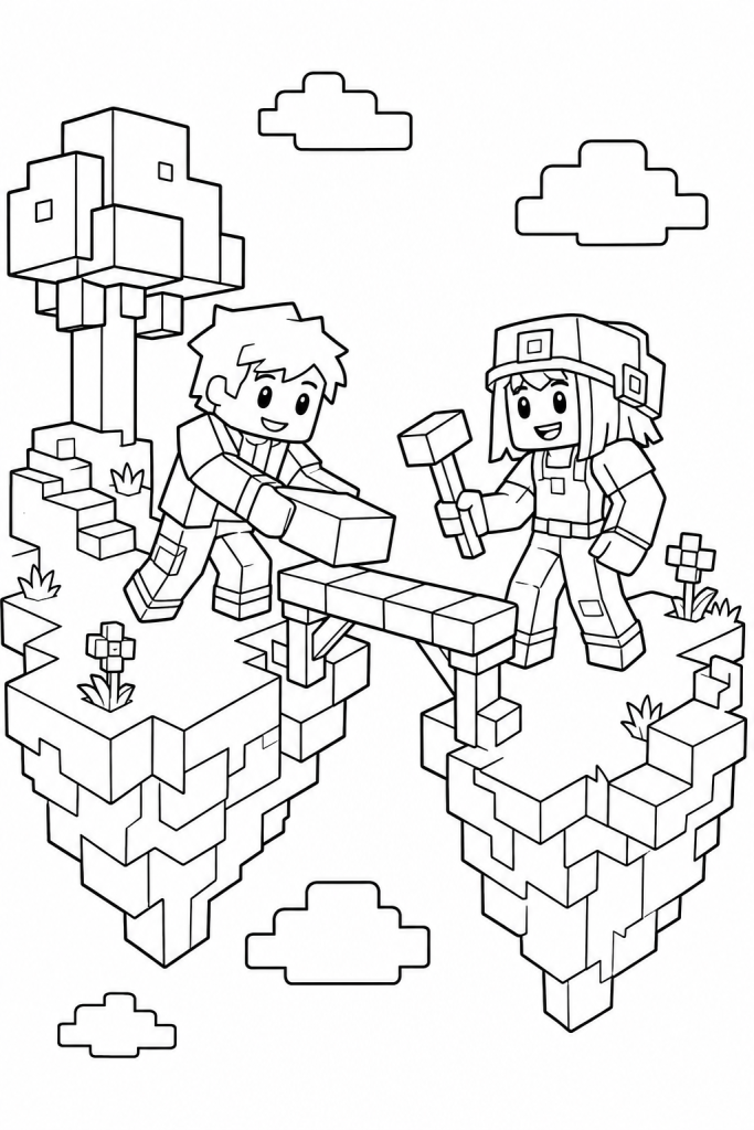 Two blocky characters building a bridge between floating islands.