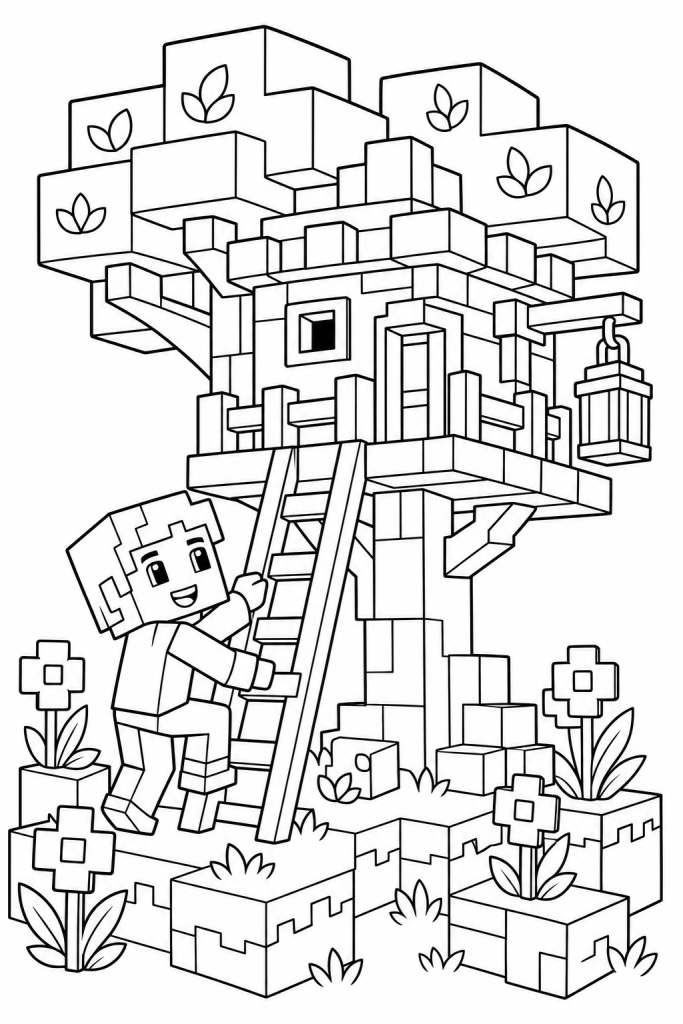 A child avatar climbing a blocky treehouse to explore.