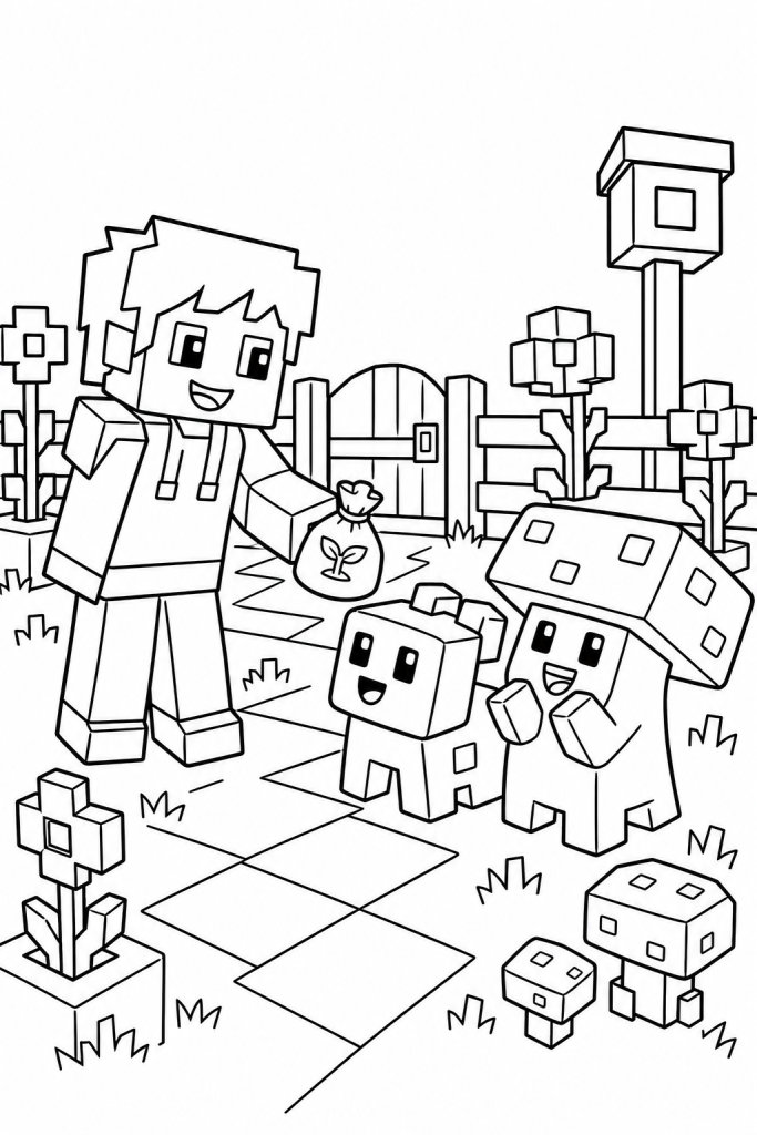 A child with two cute creatures in a blocky garden.