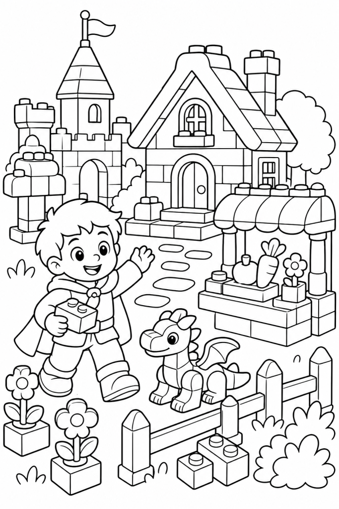 A friendly village scene with a child, cottage, stall, and toy dragon.