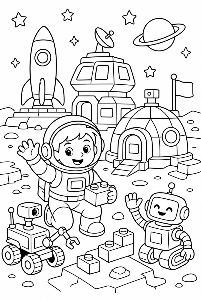 A child astronaut near a small rover and space base with a robot helper.