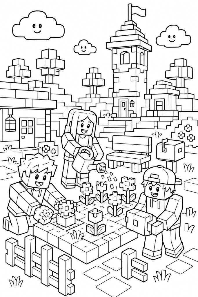 Blocky friends planting flowers and building a small village garden.
